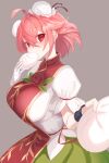  1girl ahoge amano_hagoromo baozi blush breasts bun_cover double_bun food giving_food green_skirt grey_background hair_bun highres holding holding_food ibaraki_kasen large_breasts looking_at_viewer pink_hair puffy_short_sleeves puffy_sleeves red_eyes red_tabard shirt short_sleeves simple_background skirt solo tabard touhou white_shirt wristband 