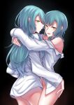  2girls :| aqua_hair bang_dream! bare_shoulders black_background braid closed_mouth green_eyes hand_on_another&#039;s_ass highres hikawa_sayo hug incest long_hair looking_at_viewer medium_hair multiple_girls naked_shirt naughty_face open_clothes open_mouth open_shirt shirt siblings sisters smile spotlight_l twin_braids twincest twins yuri 