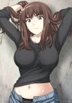  1girl arm_behind_back arms_up black_panties black_shirt blue_pants blush breasts brown_eyes brown_hair closed_mouth clothes_lift collarbone covered_nipples frown highres isse kiruko_(tengoku_daimakyou) large_breasts long_hair looking_at_viewer navel nose_blush open_pants panties pants shirt shirt_lift solo stomach tengoku_daimakyou underwear upper_body wall 