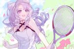  1girl bare_shoulders blue_sky blush breasts chest_tattoo cleavage criss-cross_halter drill_hair drill_sidelocks flower hair_ornament halterneck highres holding_tennis_racket hyakumantenbara_salome light_purple_hair looking_at_viewer medium_breasts nijisanji official_alternate_costume official_alternate_hairstyle open_mouth parted_bangs ponytail purple_eyes racket sae1293 scorpion_tattoo sidelocks sky smile solo tattoo tennis_dress tennis_racket virtual_youtuber visor_cap x_hair_ornament 