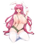  1girl absurdres animal_ears areola_slip arm_held_back blush bow braid breasts cleavage collarbone commission covered_nipples green_shorts hair_bow heart heart_in_eye highres huge_breasts kneeling korean_commentary long_hair looking_at_viewer mindoll navel no_shoes open_mouth original pink_eyes pink_hair rabbit_ears rabbit_ornament raised_eyebrows shorts simple_background single_braid smile solo stomach suspender_shorts suspenders sweat symbol_in_eye teeth thighhighs thighs very_long_hair w white_background white_bow white_thighhighs 