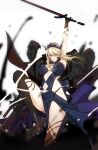  1girl arm_up artoria_pendragon_(fate) artoria_pendragon_(lancer_alter)_(fate) black_cape black_tiara blonde_hair breasts cape clothing_cutout curvy duplicate evil_smile fate/grand_order fate_(series) full_body holding holding_sword holding_weapon juer1004 knee_up kneehighs large_breasts motion_blur motion_lines navel_cutout pelvic_curtain pixel-perfect_duplicate revealing_clothes sideless_outfit sidelocks sleeveless smile socks solo sword thighs weapon white_background yellow_eyes 