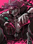  absurd_res anthro bulge dragon giansar grey_body hair hi_res hood horn lifewonders live_a_hero male muscular muscular_anthro muscular_male pink_theme shimazanbagu solo white_hair 