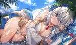  1girl bare_shoulders beach bikini blue_eyes blue_hair blue_sky breasts cleavage detached_sleeves fate/grand_order fate_(series) flower gold_trim hair_flower hair_ornament hair_ribbon large_breasts long_hair long_skirt long_sleeves looking_at_viewer lying morgan_le_fay_(fate) morgan_le_fay_(water_princess)_(fate) neko_daruma on_side ponytail puffy_long_sleeves puffy_sleeves ribbon sidelocks skirt sky smile solo swimsuit thighs very_long_hair water white_bikini white_hair white_skirt 