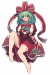  1girl absurdres barefoot bow breasts brown_dress closed_mouth commission dress frilled_bow frilled_ribbon frills full_body green_eyes green_hair hair_bow hair_ribbon highres kagiyama_hina large_breasts long_hair pixiv_commission qiu_ju red_bow red_ribbon ribbon short_sleeves simple_background smile solo touhou white_background 