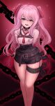  1girl absurdres belt bondage_outfit boots chain english_commentary flat_chest goddess_of_victory:_nikke highres holding holding_whip mole mole_under_mouth open_mouth pink_hair randomnoisesart solo thick_thighs thighs tongue tongue_out twintails whip yuni_(nikke) 