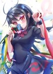  1girl antenna_hair asymmetrical_wings black_dress black_hair blue_flower blurry blurry_background blush bow bowtie breasts contrapposto dress flower frills hands_up holding holding_flower houjuu_nue long_hair looking_at_viewer red_bow red_bowtie red_eyes red_ribbon ribbon short_sleeves simple_background small_breasts smelling_flower smile solo touhou white_flower wings wristband yakkyokuya 