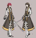 2boys arch_bishop_(ragnarok_online) black_footwear black_gloves blue_eyes brown_background brown_coat brown_hair brown_horns closed_mouth coat commentary_request cropped_jacket cross cross_necklace expressionless eyes_visible_through_hair fake_horns fingerless_gloves full_body gloves hair_between_eyes height holding holding_staff horns jacket jewelry kusabi_(aighe) long_bangs long_sleeves looking_at_viewer male_focus multiple_boys necklace pants ragnarok_online red_hair shoes short_hair simple_background smile staff standing two-tone_footwear white_footwear white_jacket white_pants 