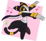  anthro balls black_body claw_(weapon) domestic_cat felid feline felis genitals hi_res male mammal melee_weapon musical_note neko3240 nyandola_(ratatan) penis ratatan scarf simple_background solo tail weapon yellow_eyes 