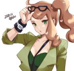  1girl 2020 adjusting_eyewear arm_up between_breasts breasts brown_coat cleavage coat collarbone dated eyewear_on_head green_eyes green_nails green_shirt hair_ornament heart heart_hair_ornament large_breasts orange_hair pokemon pokemon_(game) pokemon_swsh ribbed_shirt shirt side_ponytail solo sonia_(pokemon) strap_between_breasts sunglasses v-neck yamamori_kinako 