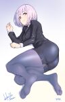  1girl alternate_costume ass black_skirt breasts business_suit dated feet fine_fabric_emphasis formal gradient_background gridman_universe high-waist_skirt highres hori_shin legs looking_at_viewer lying medium_hair miniskirt no_shoes office_lady on_side pantyhose pencil_skirt purple_background purple_hair purple_pantyhose red_eyes shinjou_akane signature simple_background skirt smile soles solo ssss.gridman suit thick_thighs thighs toes white_background 