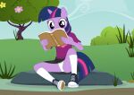  absurd_res aged_down anthro book bottomwear clothing equid equine female friendship_is_magic hasbro hi_res horn mammal my_little_pony outside panties panty_shot plant reading shirt sitting skirt solo spread_legs spreading tolpain topwear tree twilight_sparkle_(mlp) underwear unicorn young 