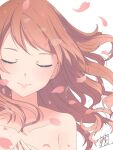  1girl blush breasts brown_hair closed_eyes closed_mouth collarbone falling_petals hojo_karen idolmaster idolmaster_cinderella_girls idolmaster_cinderella_girls_starlight_stage long_hair medium_breasts mistrail nude petals signature simple_background smile solo white_background 