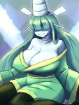  1girl breasts celesteela collarbone covered_nipples hair_ornament hair_over_one_eye hair_stick hat highres huge_breasts jewelry long_hair neck_ring off_shoulder pokemon pokemon_(creature) quarium sitting smile solo thick_eyebrows very_long_hair wariza 
