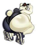  2023 anthro bear big_butt black_body butt chubby_male clothed clothing crouching danganronpa footwear headgear hi_res huge_butt kneeling male mammal monokuma overweight presenting presenting_hindquarters shoes slightly_chubby smile sneakers solo submarine_screw topless underwear white_body 