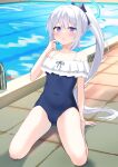  1girl animal_ears arm_support bare_legs bare_shoulders blue_archive blue_halo blue_one-piece_swimsuit blush chiune_(yachi) collarbone fake_animal_ears frilled_one-piece_swimsuit frills grey_hair halo highres long_hair miyako_(blue_archive) miyako_(swimsuit)_(blue_archive) one-piece_swimsuit open_mouth ponytail pool purple_eyes rabbit_ears solo swimsuit water 