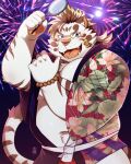  1boy aerial_fireworks animal_ears bandaid bandaid_on_face bara belly blue_eyes blush brown_hair bulge cowboy_shot daisukebear fireworks fundoshi furry furry_male highres japanese_clothes kimono large_pectorals licho_(housamo) looking_at_viewer male_focus navel navel_hair open_clothes open_kimono open_mouth paid_reward_available pectorals plump red_fundoshi short_hair smile solo summer_festival thick_eyebrows thick_navel_hair tiger_boy tiger_ears tokyo_afterschool_summoners 