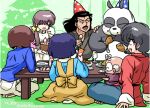  3girls barefoot blue_hair cake eating facial_hair food happosai hat microphone multiple_girls mustache old old_man panda party_hat ranma_1/2 saotome_genma saotome_genma_(panda) saotome_ranma short_hair tendou_akane tendou_kasumi tendou_nabiki tendou_souun toes wanta_(futoshi) 