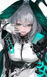  1girl :q absurdres aqua_eyes aqua_nails arknights black_wings breasts dress fang feathered_wings fingerless_gloves fingernails freng gloves grey_hair hair_between_eyes hand_up head_wings highres ho&#039;olheyak_(arknights) jacket large_breasts long_sleeves looking_at_viewer medium_hair nail_polish open_clothes open_jacket open_mouth simple_background solo tail teeth tongue tongue_out upper_body white_background white_dress white_gloves white_jacket wings 