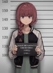  1girl black_bow black_nails blunt_bangs bocchi_the_rock! bow braid character_name dated dress ear_piercing green_dress hair_bow hair_over_shoulder highres hiroi_kikuri holding holding_sign ibuki_(ibuki0118) jacket long_hair long_sleeves looking_at_viewer mugshot nail_polish piercing purple_eyes red_hair sign single_braid solo 