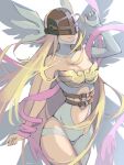  angewomon belt blonde_hair brown_belt covered_eyes digimon digimon_(creature) elbow_gloves gloves helmet_over_eyes highres long_hair milka_(milk4ppl) simple_background single_elbow_glove solo white_background white_gloves 