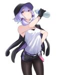  1girl arm_up baseball_cap belt black_gloves black_headwear black_jacket black_pantyhose black_shorts bottle commentary_request facing_viewer gloves hakushi_(empty_blanc) hand_on_own_hip hat highres holding holding_bottle jacket jacket_on_shoulders looking_ahead pantyhose purple_belt purple_eyes purple_hair shirt shirt_tucked_in short_shorts shorts sidelocks simple_background sleeveless sleeveless_shirt solo two-sided_fabric two-sided_jacket voiceroid water_bottle white_background white_shirt yuzuki_yukari yuzuki_yukari_(nagi) 