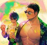  2boys abs black_hair collared_shirt cup disposable_cup dokuga dorohedoro highres holding holding_cup kai_(dorohedoro) male_focus multiple_boys muscular muscular_male nipples open_clothes open_shirt panco pectorals shirt short_hair sideburns signature summer upper_body 