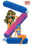  1980s_(style) 2girls assembler bare_shoulders barefoot blue_eyes blue_hair breasts brown_eyes brown_hair cleavage collarbone competition_swimsuit compiler compiler_(manga) copyright_name highres kikuchi_michitaka large_breasts long_hair looking_at_viewer multiple_girls navel non-web_source one-piece_swimsuit retro_artstyle simple_background sitting standing strapless strapless_swimsuit swimsuit very_long_hair white_background 
