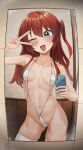  1girl ;d absurdres blush bocchi_the_rock! breasts cellphone collarbone green_eyes hair_between_eyes highres holding holding_phone kita_ikuyo long_hair looking_at_mirror mirror navel one_eye_closed one_side_up open_mouth phone r-man red_hair slingshot_swimsuit small_breasts smartphone smile standing sweat swimsuit thighhighs tile_wall tiles v white_slingshot_swimsuit white_thighhighs 