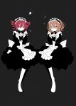  2girls a.i._voice absurdres adachi_rei alternate_costume apron ascot black_background bow brooch commentary dot_mouth drill_hair enmaided expressionless frilled_hairband frills full_body hairband hands_on_lap highres jewelry kasane_teto looking_at_viewer maid maid_apron maid_headdress matching_outfit medium_hair multiple_girls nerune_(nekatze) one_side_up orange_eyes orange_hair partially_colored red_eyes red_hair simple_background sleeves_past_elbows sparkle star_(symbol) twin_drills utau v_arms waist_bow 
