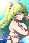  1girl bare_shoulders bikini bikini_top_only blue_nails breasts commentary_request frilled_bikini frills green_eyes green_hair hand_in_own_hair highres honkai_(series) honkai_impact_3rd horns long_hair looking_at_viewer medium_breasts mermaid mobius_(daughter_of_corals)_(honkai_impact) mobius_(honkai_impact) monster_girl nail_polish parted_lips solo swimsuit two_side_up very_long_hair yunomi_(yunomi_hs) 