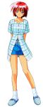  1990s_(style) 1girl arms_behind_back blue_eyes full_body highres hinomoto_hikari kokura_masashi looking_at_viewer mole mole_under_eye non-web_source partially_unbuttoned red_hair retro_artstyle short_hair short_sleeves shorts simple_background slippers smile solo standing tokimeki_memorial tokimeki_memorial_2 white_background 