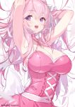  1girl armpits arms_behind_head arms_up bare_shoulders blush breasts cleavage dorothy_(nikke) dress goddess_of_victory:_nikke hong_(white_spider) large_breasts long_hair looking_at_viewer open_mouth pink_dress pink_hair purple_eyes smile solo 