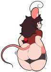  anthro big_butt bottomwear brown_hair butt clothing digitalpelican eyewear female glasses hair hi_res long_hair mammal mouse murid murine rear_view rodent shorts solo spats struggling_to_fit thick_thighs tina_(digitalpelican) 
