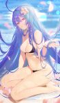  1girl absurdres ahoge azur_lane bare_shoulders beach bikini black_bikini blue_hair breasts cherrymaru flower hair_between_eyes hair_flower hair_ornament hand_up helena_(azur_lane) helena_(shimmering_triangle_wave)_(azur_lane) highres long_hair looking_at_viewer medium_breasts navel ocean official_alternate_costume outdoors parted_lips petals purple_eyes sand sitting solo stomach swimsuit two-tone_bikini water white_bikini white_flower 