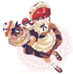  1girl animal bandana black_hair blue_eyes braid braided_ponytail breasts food fruit highres maid mkh_xde p-chan pancake pig ranma-chan ranma_1/2 smile socks strawberry tongue tongue_out white_socks yellow_bandana 