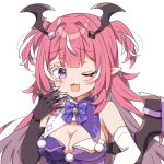  1girl :3 :d asymmetrical_gloves bare_shoulders bat_wings bell black_gloves bow bowtie breasts camila_(vtuber) claw_ring cleavage colored_eyelashes demon_girl diamond_facial_mark diamond_hair_ornament dress elbow_gloves gloves hair_intakes hand_up hi_(pontolfo) highres indie_virtual_youtuber medium_breasts mismatched_gloves multicolored_hair neck_bell one_eye_closed pink_hair pointy_ears pom_pom_(clothes) purple_bow purple_bowtie purple_dress purple_eyes purple_hair purple_ribbon ribbon second-party_source smile solo streaked_hair two_side_up white_background white_gloves white_hair wing_hair_ornament wing_ribbon wings 