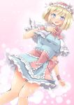  1girl alice_margatroid arnest blonde_hair blue_dress blue_eyes blush capelet dress feet_out_of_frame frilled_dress frills hairband highres lolita_hairband open_mouth red_hairband short_hair smile solo touhou white_capelet 