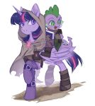  1boy 1girl 7hundredt colored_skin green_eyes highres hood horns horseback_riding multicolored_hair my_little_pony my_little_pony:_friendship_is_magic open_mouth pink_hair purple_eyes purple_hair purple_skin riding simple_background single_horn spike_(my_little_pony) twilight_sparkle two-tone_hair unicorn white_background 