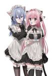  2girls ? alternate_costume animal_ears apron black_dress black_gloves black_necktie black_ribbon black_thighhighs blue_eyes blue_hair blush breasts brown_thighhighs cat_ears cat_girl cat_tail chihuri commentary_request dress ende_(chihuri) enmaided frilled_apron frilled_dress frilled_thighhighs frills gloves hair_between_eyes heart highres juliet_sleeves long_sleeves maid maid_headdress medium_breasts multiple_girls nea_(chihuri) neck_ribbon necktie original parted_lips partially_fingerless_gloves pink_hair puffy_sleeves purple_eyes ribbon simple_background smile tail tail_wrap thighhighs two_side_up white_apron white_background yuri 