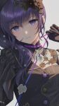  1girl asahina_mafuyu black_dress black_gloves breasts bshi_edayo cleavage commentary dress flower gloves hair_flower hair_ornament hand_up head_tilt highres long_hair looking_at_viewer parted_lips project_sekai pulling purple_eyes purple_hair solo upper_body 