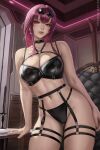  1girl bare_shoulders black_choker breasts chest_harness choker english_commentary eyewear_on_head garter_straps harness highres honkai:_star_rail honkai_(series) indoors kafka_(honkai:_star_rail) latex latex_bra latex_panties long_hair looking_at_viewer medium_breasts navel panties purple_eyes purple_hair sciamano240 solo stomach thighs underwear 