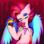  ambiguous_gender anthro blood blood_on_face blue_eyes bodily_fluids cupcake cupcakes_(mlp_fanfic) drooling equid equine feathered_wings feathers food friendship_is_magic fur g4cruf0 hasbro hi_res holding_food holding_object hooves horn horse jewelry mammal mane my_little_pony necklace pegasus pink_body pink_fur pink_mane pinkie_pie_(mlp) pony rainbow saliva smile solo unicorn_horn wings 