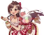  +_+ 1girl :d anniversary antenna_hair apple apple_slice bare_shoulders belly_chain blush bow breasts brown_hair bubble cleavage collarbone cookie cream cup dot_nose dress dress_bow earrings flower food frilled_dress frills fruit hands_up heart heart_necklace highres holding holding_cookie holding_cup holding_food ice_cream idolmaster idolmaster_cinderella_girls idolmaster_cinderella_girls_starlight_stage jewelry kei_s01 leaf lens_flare long_hair looking_at_viewer medium_breasts mint necklace nut_(food) open_mouth pink_nails plaid plaid_dress red_bow red_dress red_eyes simple_background sleeveless sleeveless_dress smile solo sundae tsujino_akari white_background white_flower 