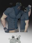  ! 2boys bara belt black_belt black_shirt brown_gloves brown_pants call_of_duty call_of_duty:_modern_warfare_2 camouflage camouflage_pants covered_abs covered_face covered_nipples gloves grabbing helmet highres horangi_(modern_warfare_2) konig_(call_of_duty) large_pectorals looking_at_another male_focus mask mouth_mask multiple_boys muscular muscular_male musical_note pants pectoral_grab pectorals shirt sunglasses tbko_516 yaoi 