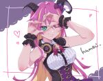  1girl black_wrist_cuffs blonde_hair blue_eyes colored_inner_hair demon_girl demon_horns headphones headphones_around_neck heart heart_hands hololive horns kyou_fumei looking_at_viewer mano_aloe multicolored_hair one_eye_closed pink_hair sleeveless smile streaked_hair virtual_youtuber 