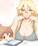  admiral_(kancolle) age_difference blonde_hair breasts brown_hair drawing_tablet huge_breasts iowa_(kancolle) kantai_collection large_breasts little_boy_admiral_(kancolle) lying onee-shota simple_background star-shaped_pupils star_(symbol) stylus symbol-shaped_pupils tsukasawa_takamatsu watching 