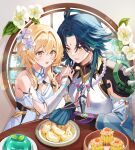  1boy 1girl almond_tofu_(genshin_impact) bead_necklace beads blonde_hair chopsticks dress facial_mark flower flower-shaped_hair food forehead forehead_mark genshin_impact gloves green_hair hair_between_eyes hair_ornament highres holding holding_chopsticks jewelry long_hair lumine_(genshin_impact) multicolored_hair necklace open_mouth qingxin_flower senasolumi short_hair shoulder_spikes spikes tattoo vision_(genshin_impact) white_dress white_sleeves xiao_(genshin_impact) yellow_eyes 