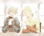  2boys :d ahoge armor blonde_hair cofffee cup final_fantasy final_fantasy_tactics gloves holding holding_cup male_focus multiple_boys mustadio_bunansa ramza_beoulve smile 