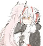  +_+ 2girls antennae arknights black_gloves black_jacket blush crying crying_with_eyes_open demon_girl demon_horns fingerless_gloves gloves hair_between_eyes highres horns hug jacket long_hair long_sleeves multiple_girls open_clothes open_jacket pink_hair red_nails shirt short_hair simple_background sketch soramaru_310 tears theresa_(arknights) very_long_hair w_(arknights) white_background white_shirt yellow_eyes yuri 